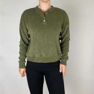 DONNI.‎ Terry Henley Sweatshirt in Color Moss Crewneck Rib Knit Neckline